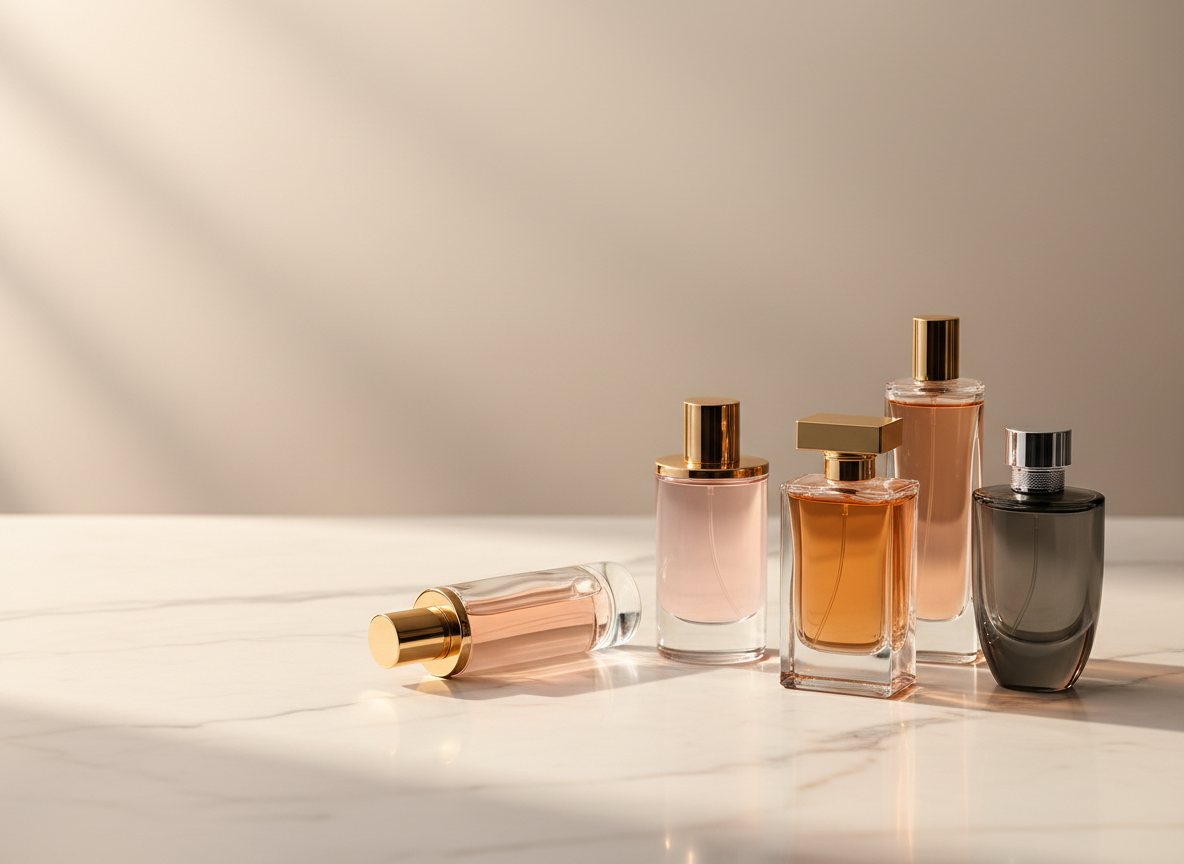 Imagen horizontal sofisticada para el banner principal de una perfumería online: varios frascos de perfume elegantes sobre una superficie refinada, iluminación cálida y lujosa, fondo limpio en tonos neutros, composición comercial premium, sin texto, sin logotipos, espacio visual para colocar texto encima.