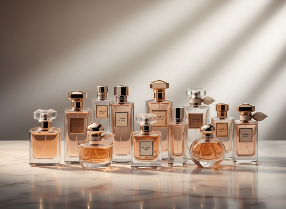 Imagen horizontal sofisticada para el banner final de una perfumería online: colección variada de frascos de perfume elegantes organizados sobre una superficie refinada, iluminación cálida y lujosa, ambiente premium, fondo limpio en tonos neutros, sin texto ni logotipos.