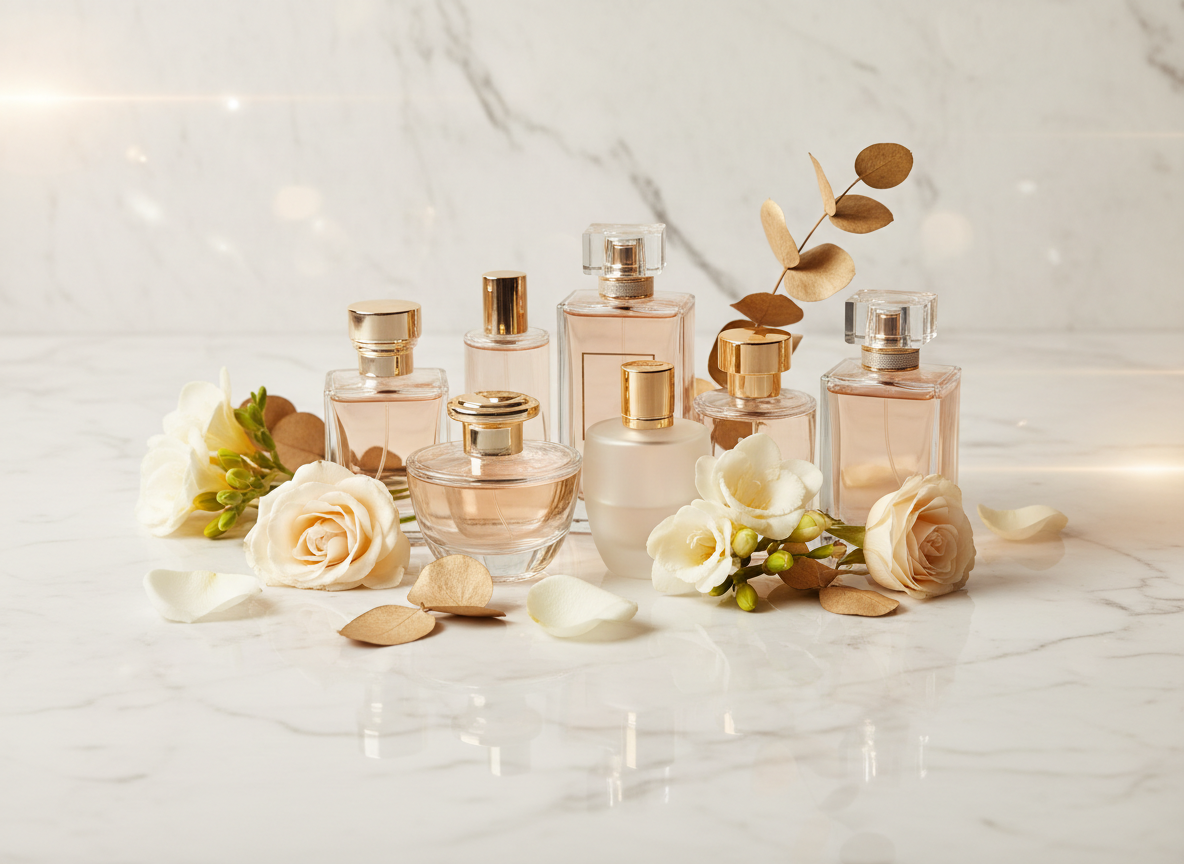 Imagen panorámica elegante y sofisticada para cubrir el fondo de un catálogo de perfumes: varios frascos de perfume de lujo sobre una superficie de mármol claro, pétalos de flores delicadas, reflejos dorados sutiles, tonos beige, crema y dorado, composición equilibrada con espacio visual limpio para que el texto sea legible, sin texto ni logotipos.