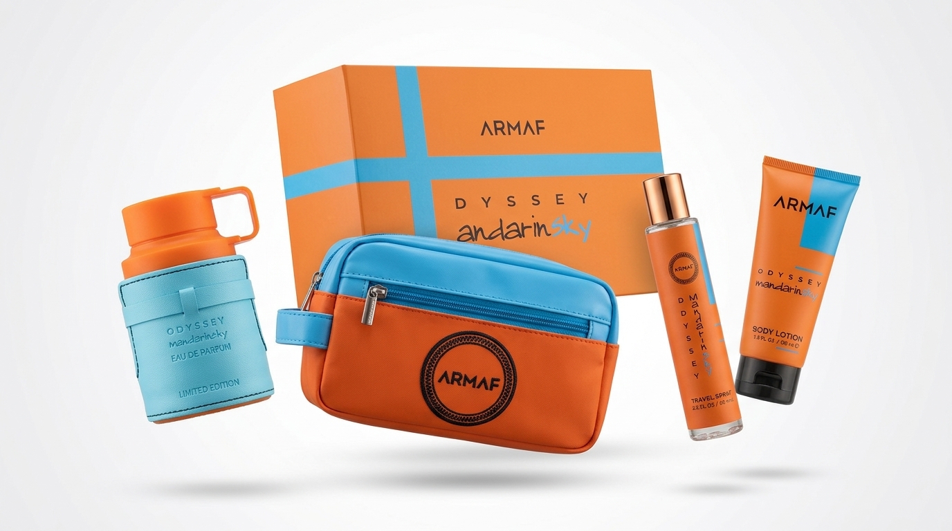Estuche Odyssey Mandarin Sky de Armaf: Eau de Parfum edición limitada, neceser, travel spray y body lotion