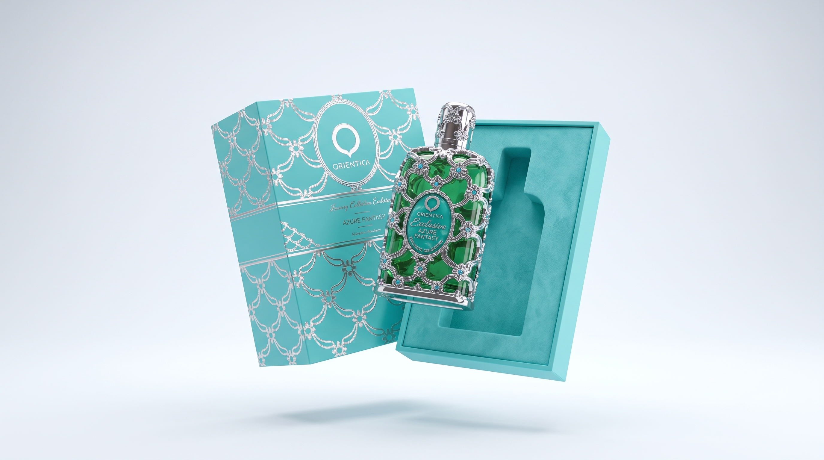 Exclusive Azure Fantasy de Orientica: Extrait de Parfum en frasco de lujo con filigrana plateada y caja turquesa de la Luxury Collection