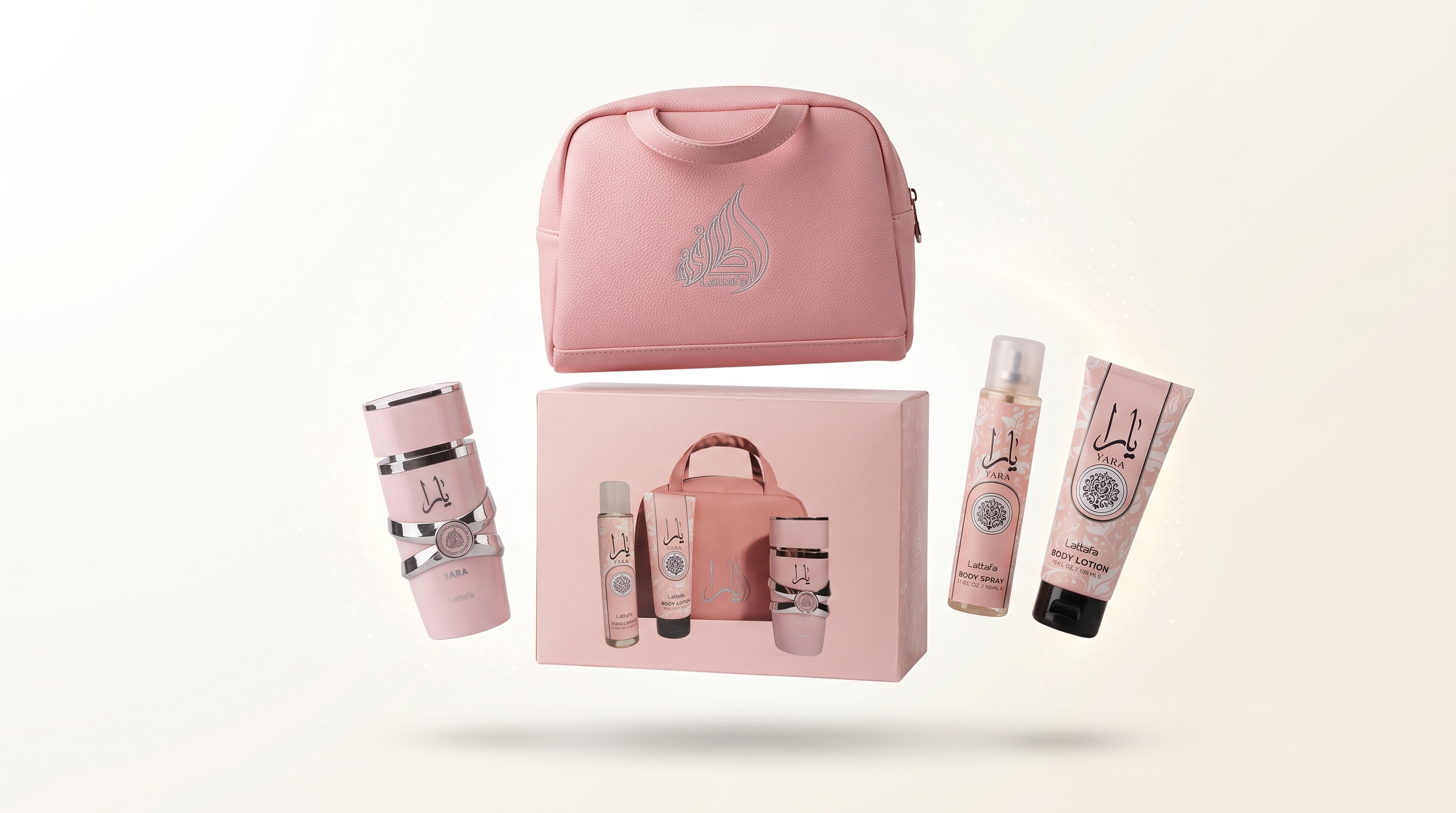 Estuche Yara de Lattafa: Eau de Parfum rosa, neceser rosado, travel spray de 60 ml y body lotion de 150 ml